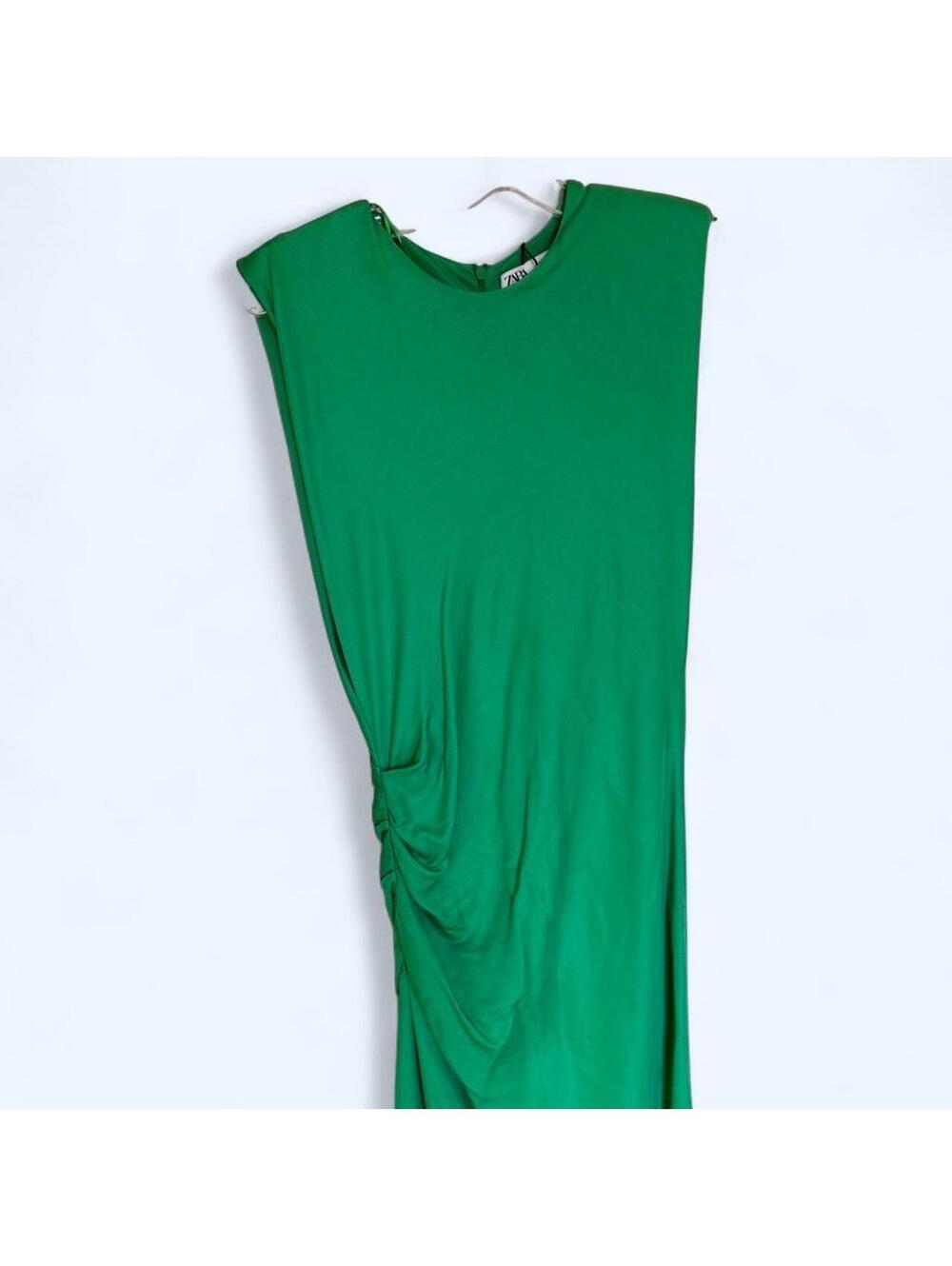 Green sleeveless Zara midi dress with ruched detail